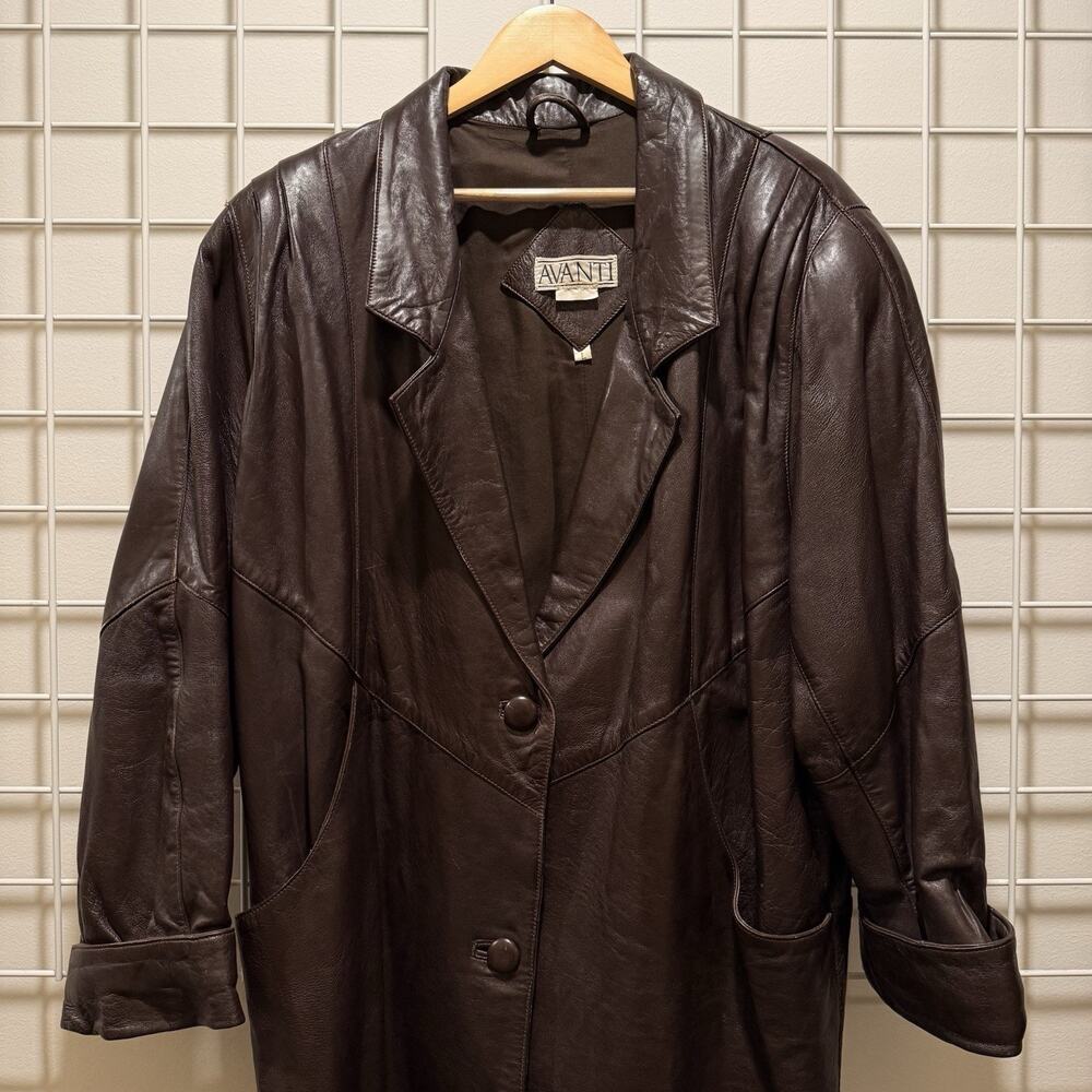 Vintage Avanti Made Italy Brown Leather Trench Coat Womens L Long Buttons
